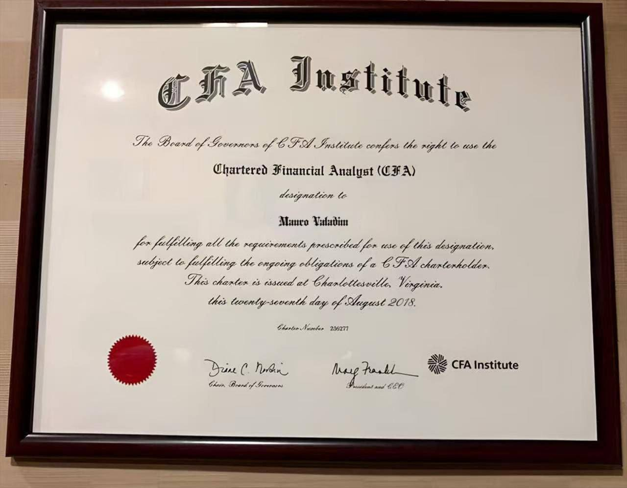 CFA Institute certificate — Mauro Valadim